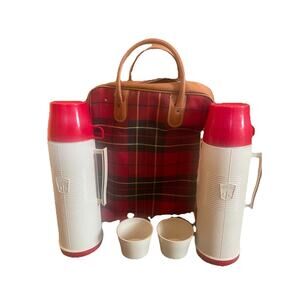 VTG 1970's THERMOS Travel Set‎ (2) Thermos, Red Plaid